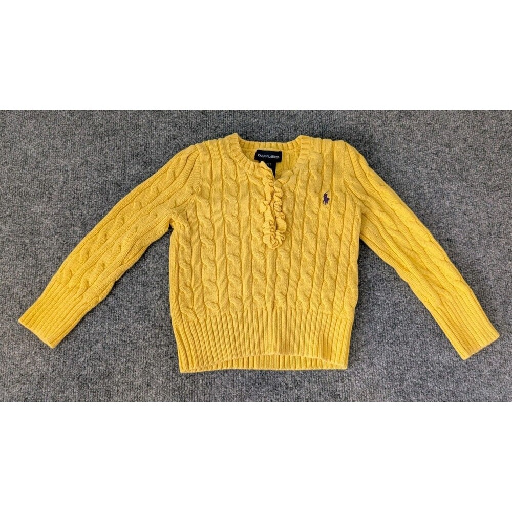 Ralph Lauren Cable Knit Sweater Girls Sz 3T Ruffle Preppy Pony Yellow Toddler